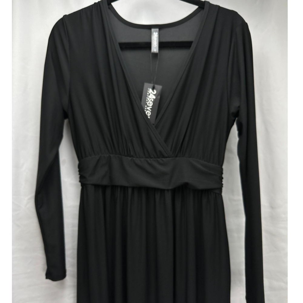 24seven‎ Comfort Apparel Maxi V Neck Long Sleeve Leg Slit Black Dress Pockets